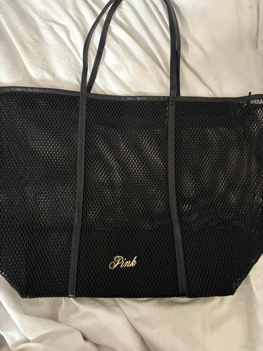 PINK Victoria's Secret Black Mesh Tote with Gold Logo